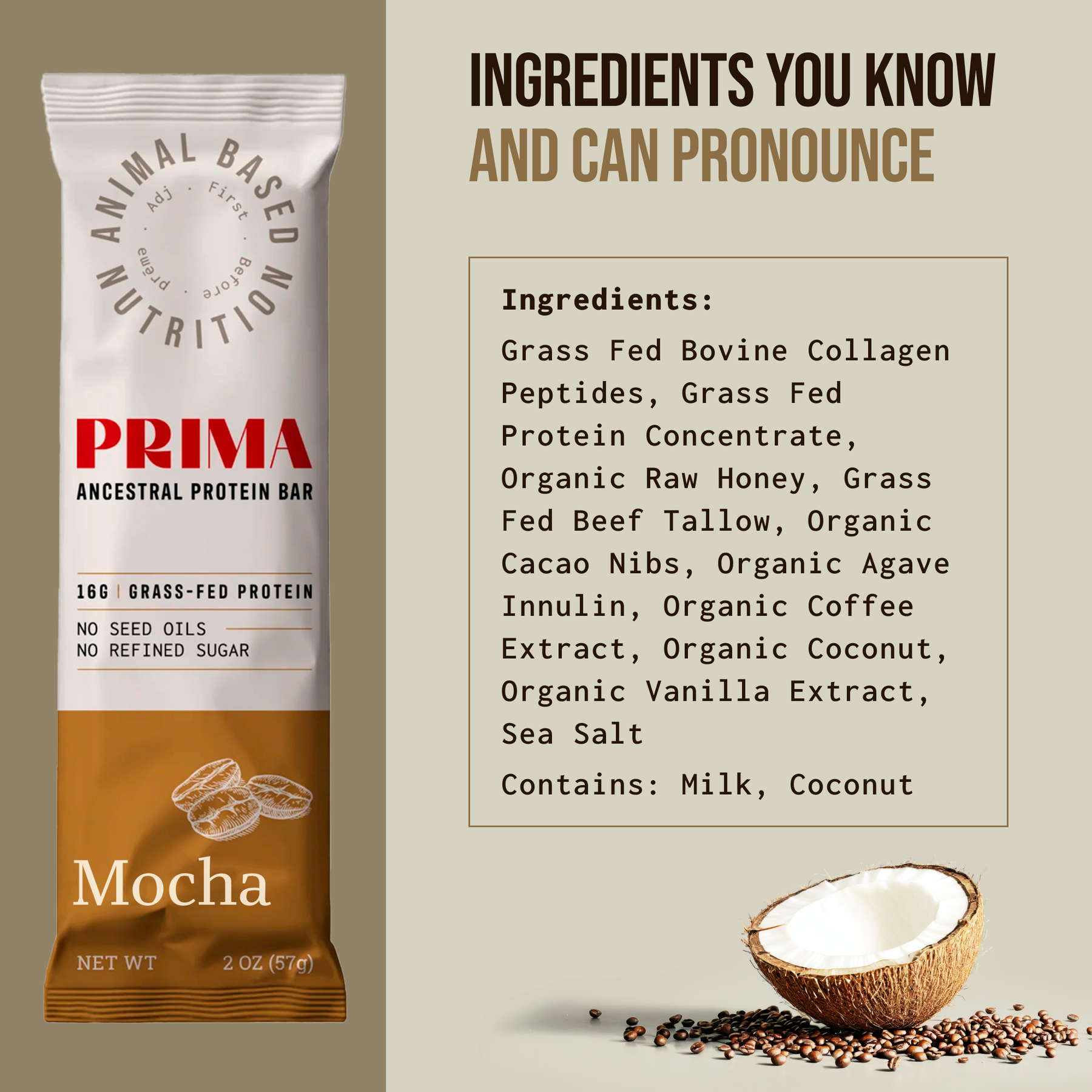 Protein bar packaging with ingredients list and coconut image.