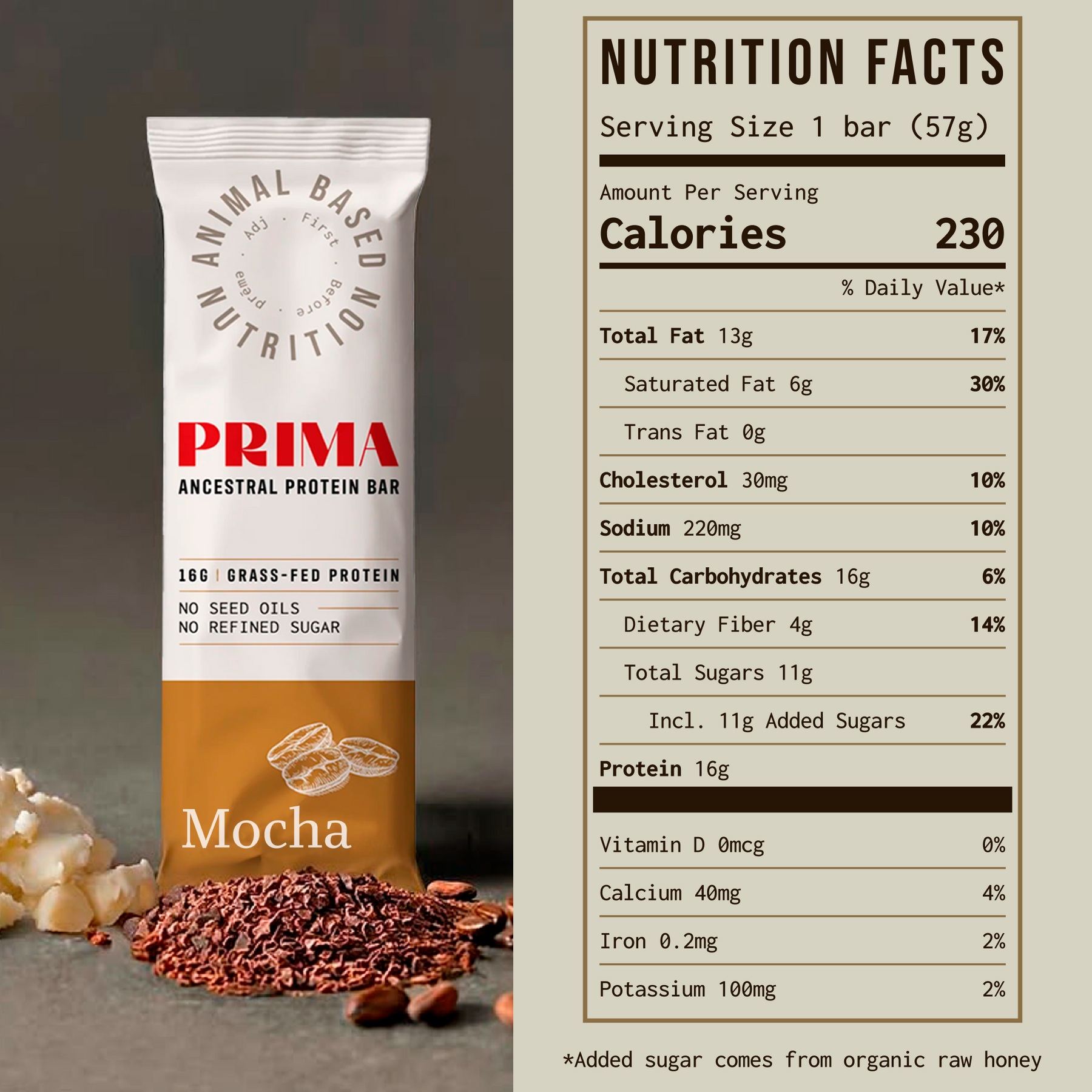 Protein bar packaging with nutrition facts and ingredients displayed.