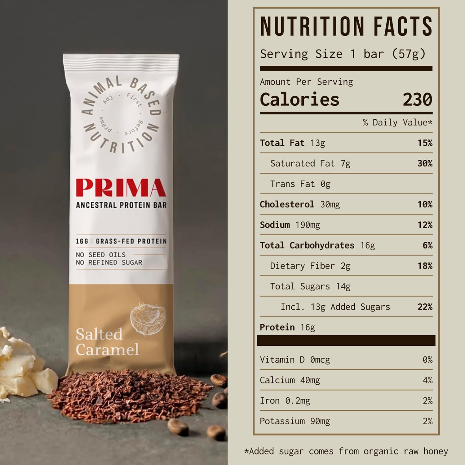 Protein bar with salted caramel flavor and nutrition facts displayed.