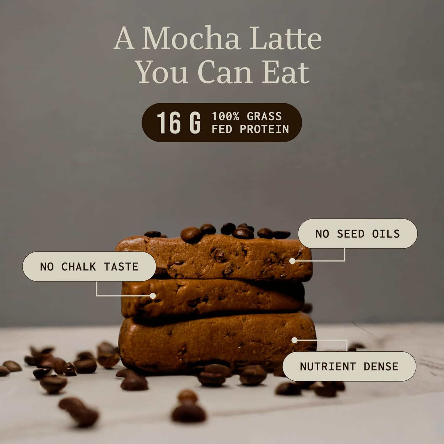 Stacked protein bars with coffee beans, labeled features: no chalk taste, no seed oils, nutrient dense.
