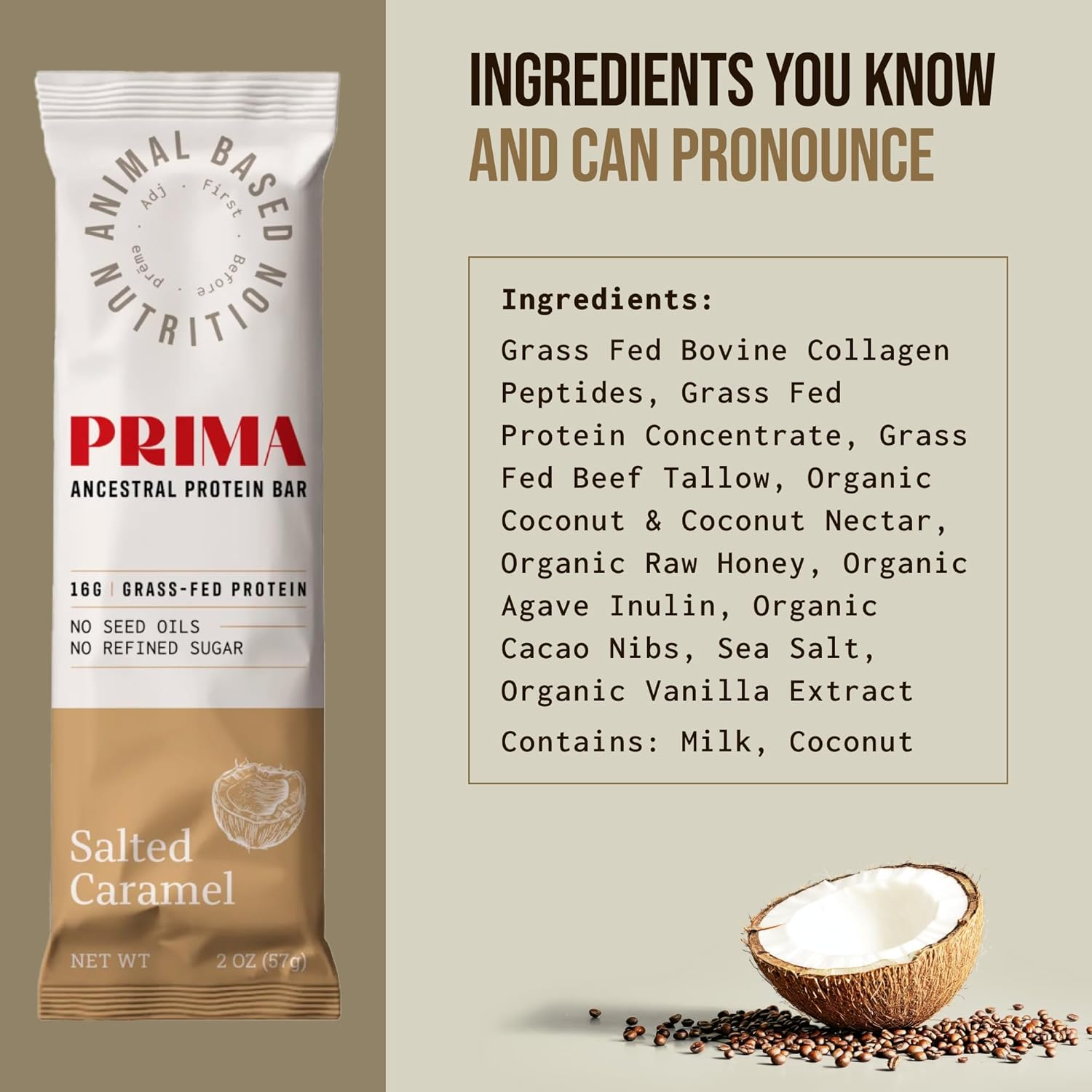 Protein bar packaging with ingredients list and a coconut image.